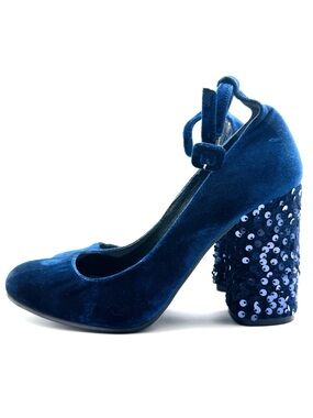 HELIA Blue Velvet Sequin Ankle Strap Block Heel Pump Shoes Made in Spain Size 39